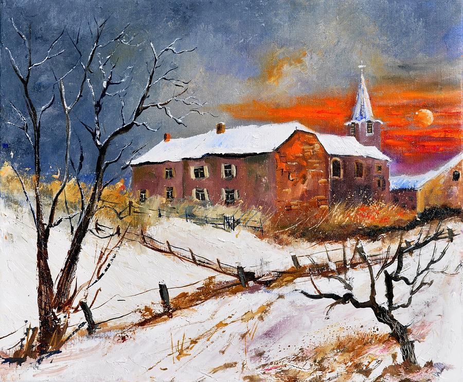 Snow In Houyet Painting by Pol Ledent