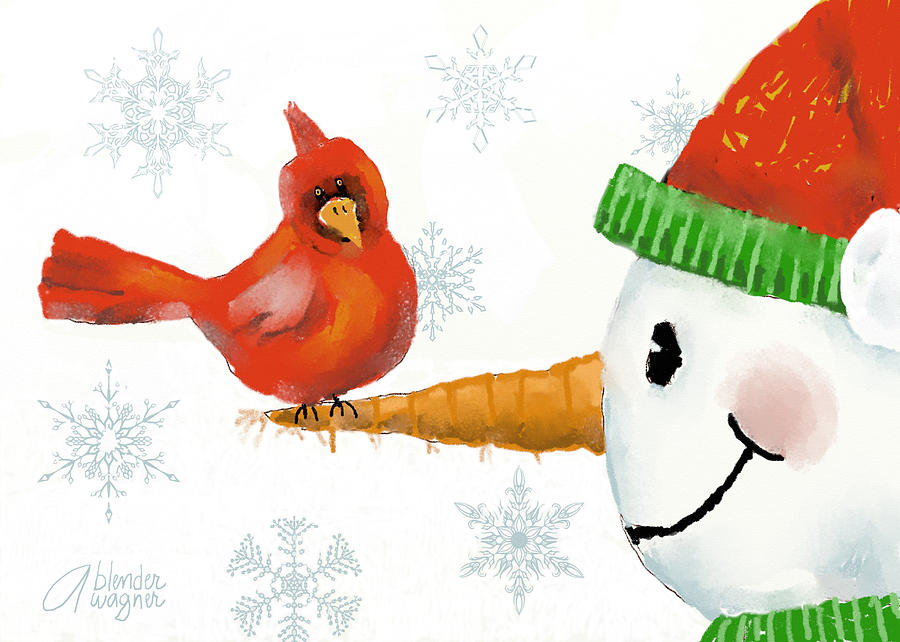 Snowman And The Cardinal Digital Art by Arline Wagner