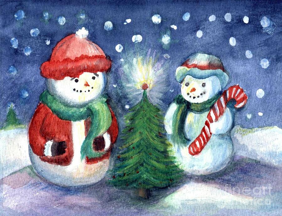 Snowmen on a Winters Eve Painting by Maureen Farley