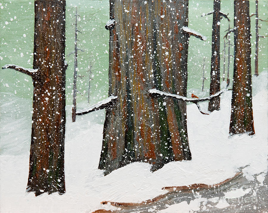 Snowy Redwood Painting by L J Oakes