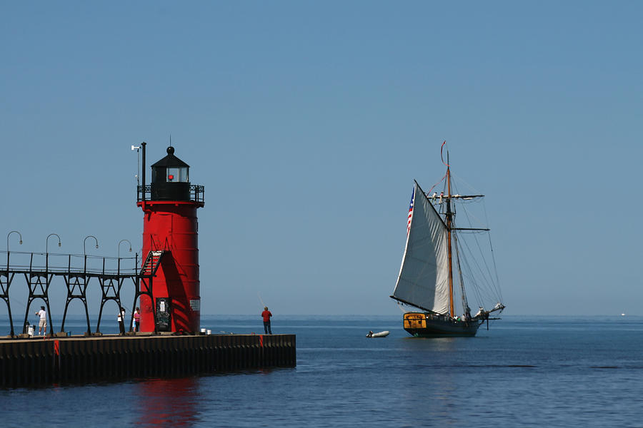 Lighthouse Photograph - South Haven South Pier Lighthouse and Tall Ship by Richard Gregurich