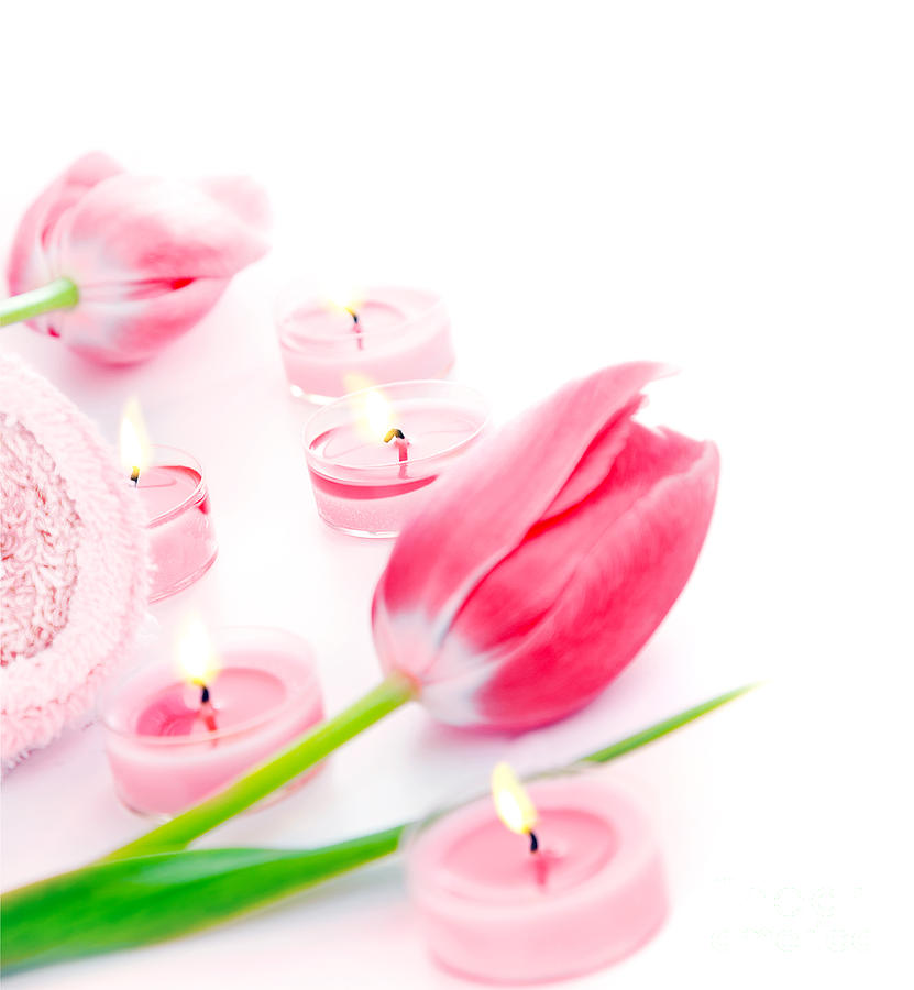 Spa candle with pink tulip flowers Photograph by Anna Om - Pixels