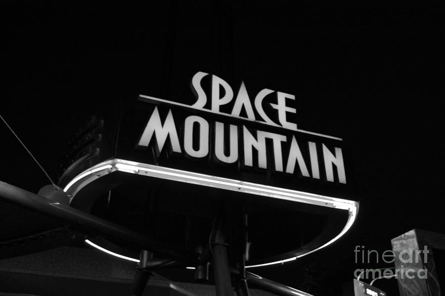 Space Mountain Sign Magic Kingdom Walt Disney World Prints Black and White Photograph by Shawn OBrien