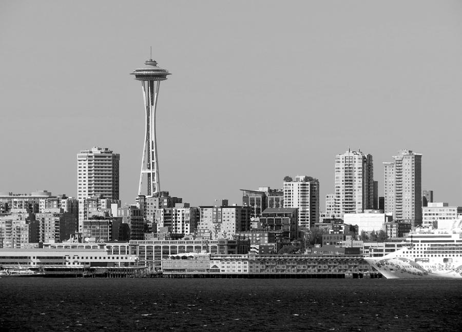 Space Needle and Cruise Ship in BW Photograph by Chris Anderson