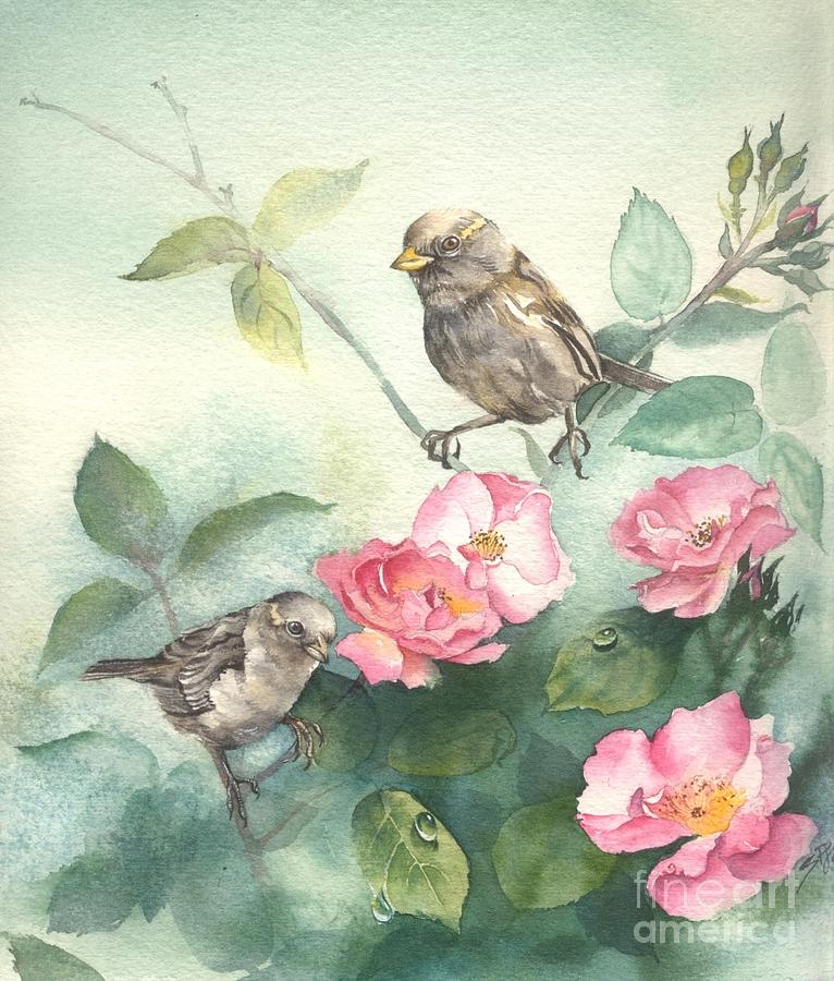 Sparrows and Dog Rose Painting by Sandra Phryce-Jones