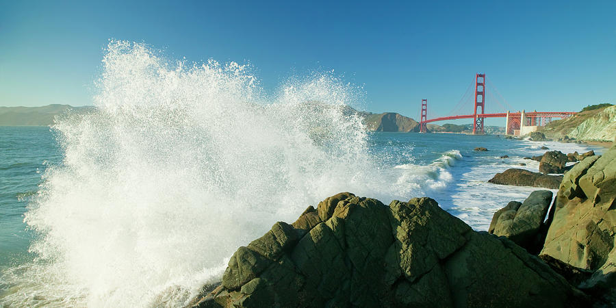 Golden Gate Bridge Photograph - Splash Against Rock Golden Gate Bridge by Andria Patino