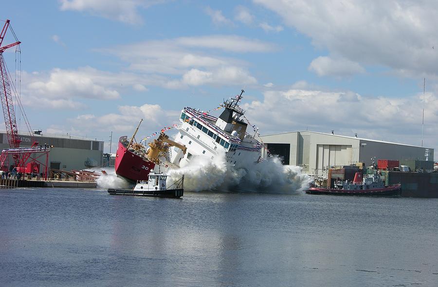 Splash launch of the Coast Guard Cutter Mackinaw Photograph by Keith Stokes