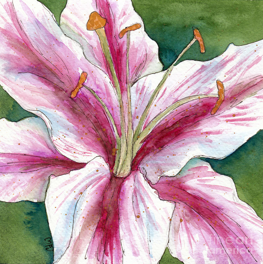 Square White And Pink Lily Painting by Cherilynn Wood