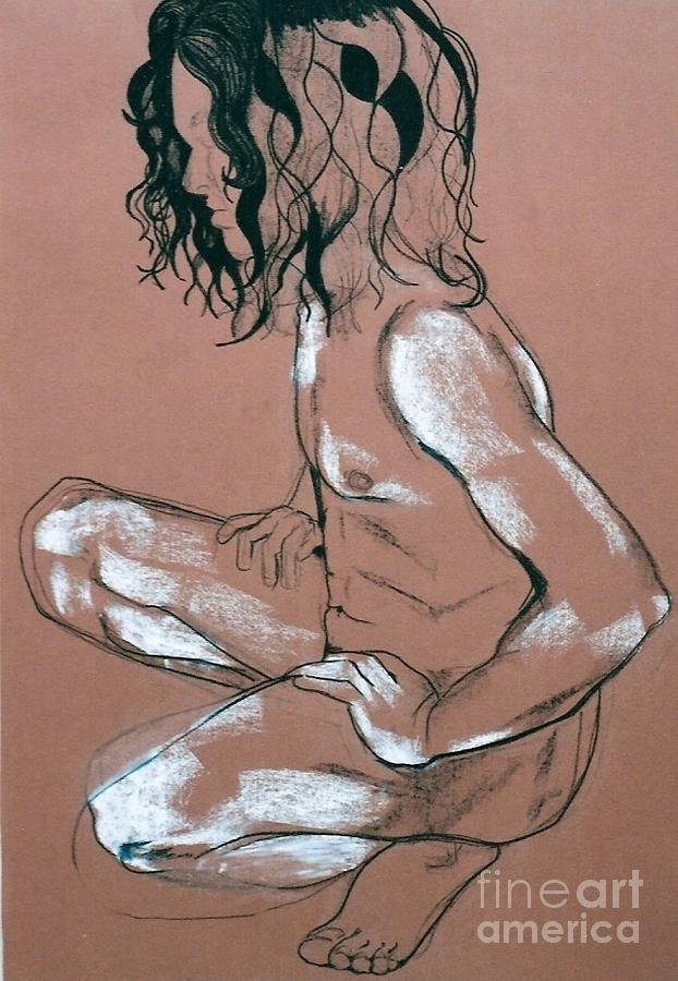 Squating male nude Drawing by Joanne Claxton