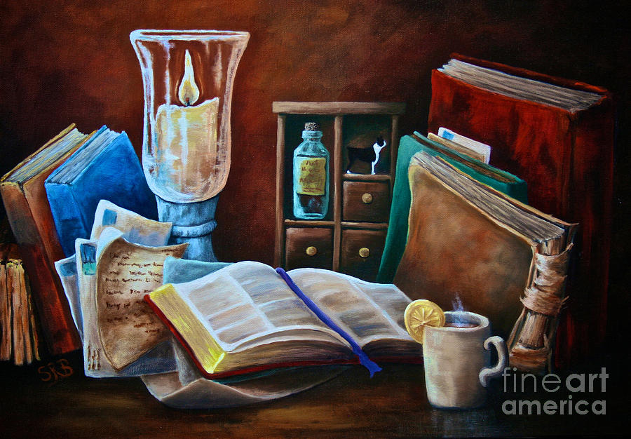 Still Life Painting - SRB Candlelit Library by Susan Herber