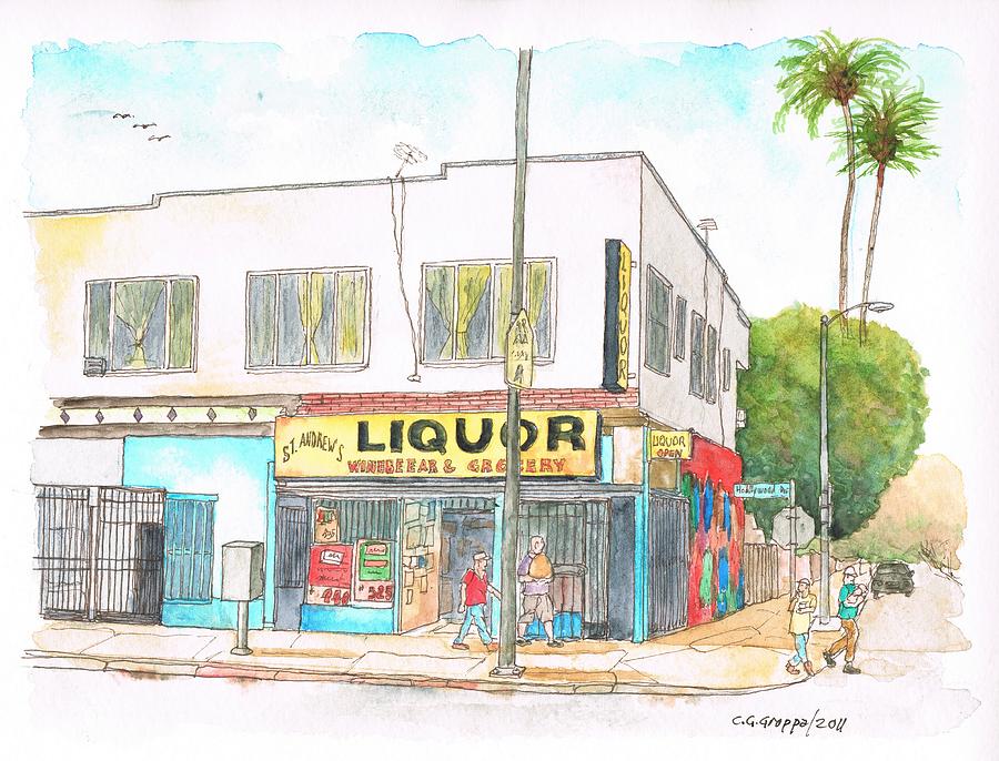 St Andrews Liquor in Hollywood Blvd - Hollywood - California Painting by Carlos G Groppa