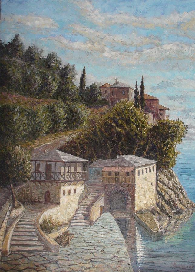 Tree Painting - St Gregory monastery Mount Athos by Charalampos Laskaris