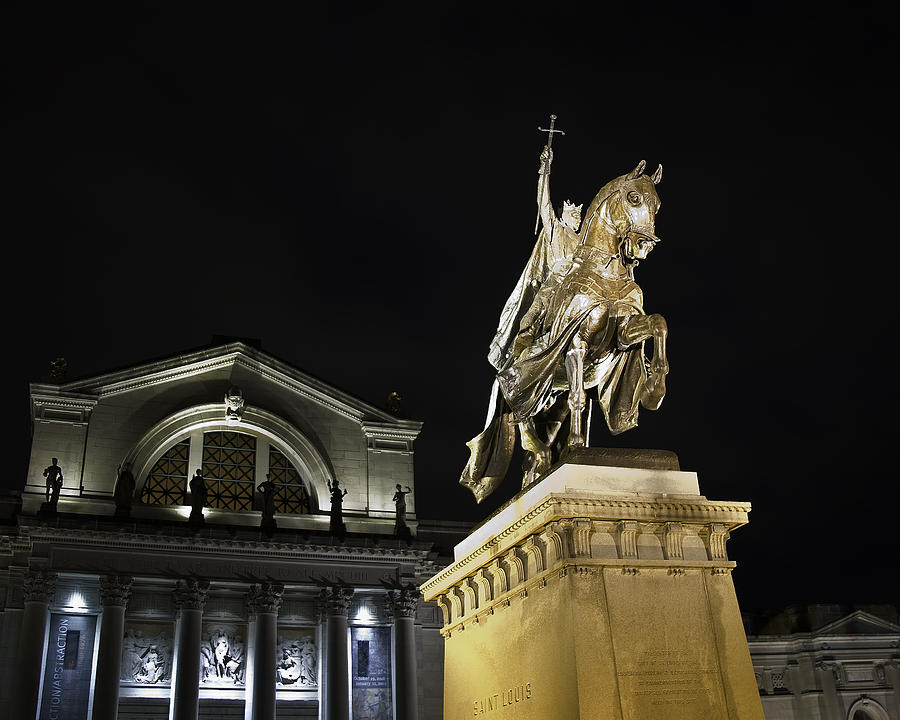 St Louis Art Museum With Statue Of Saint Louis At Night by David Coblitz