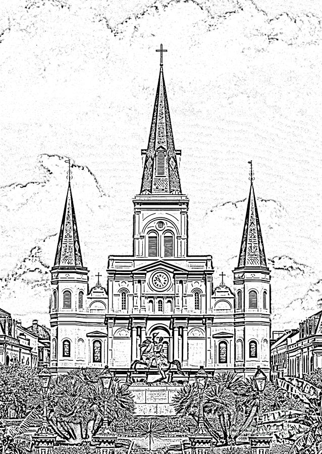 St Louis Cathedral Above Jackson Square New Orleans Black and White Photocopy Digital Art Digital Art by Shawn OBrien