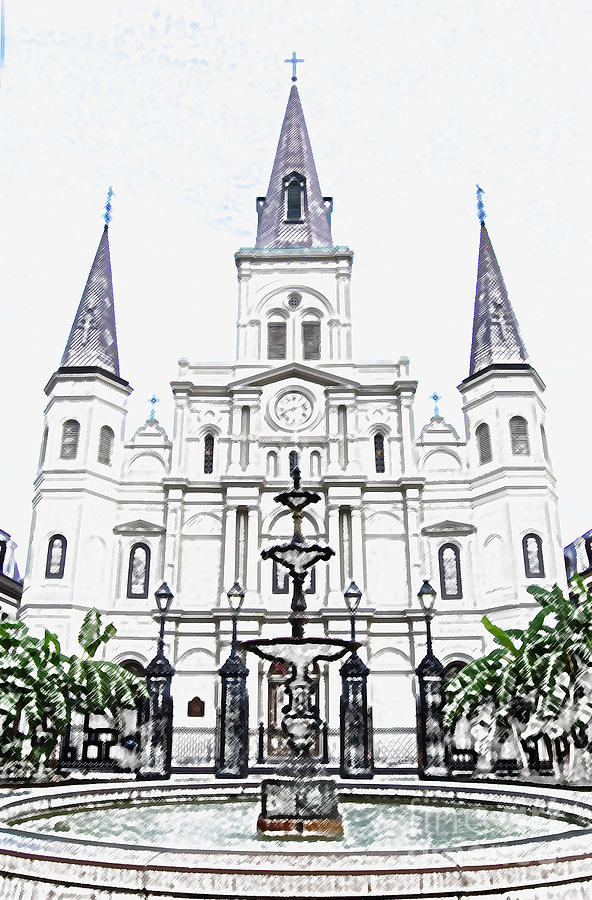 St Louis Cathedral and Fountain Jackson Square French Quarter New Orleans Colored Pencil Digital Art Digital Art by Shawn OBrien