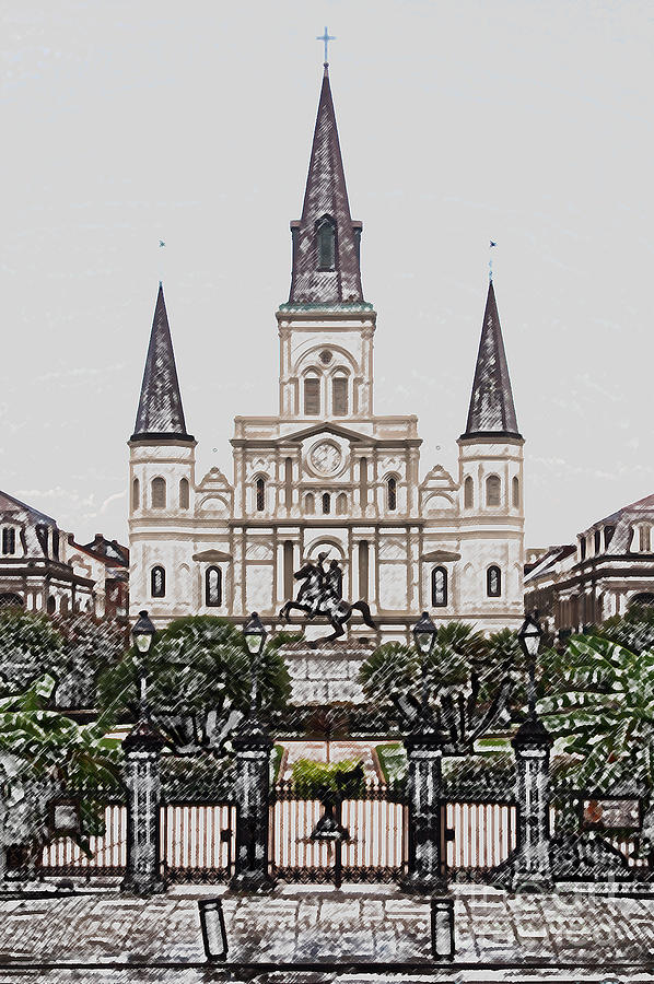 St Louis Cathedral on Jackson Square in the French Quarter New Orleans Colored Pencil Digital Art Digital Art by Shawn OBrien