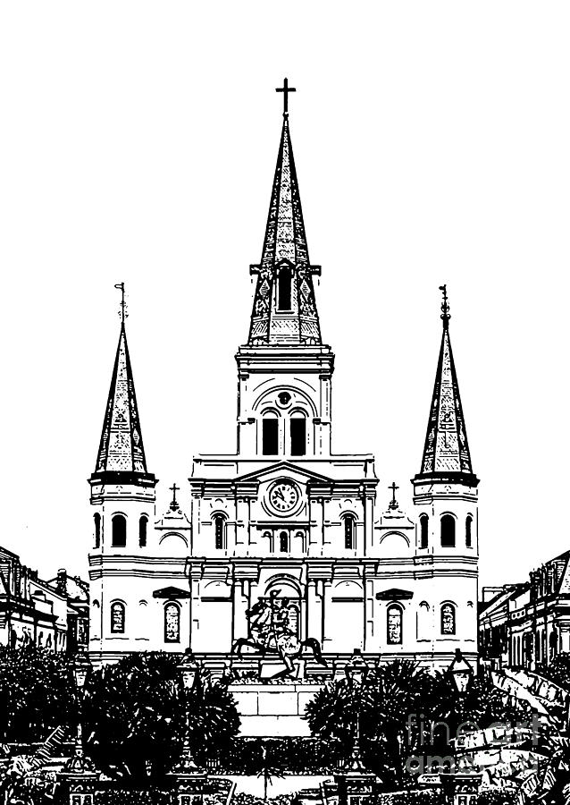 St Louis Cathedral Rising Above Jackson Square New Orleans Black and White Stamp Digital Art Digital Art by Shawn OBrien