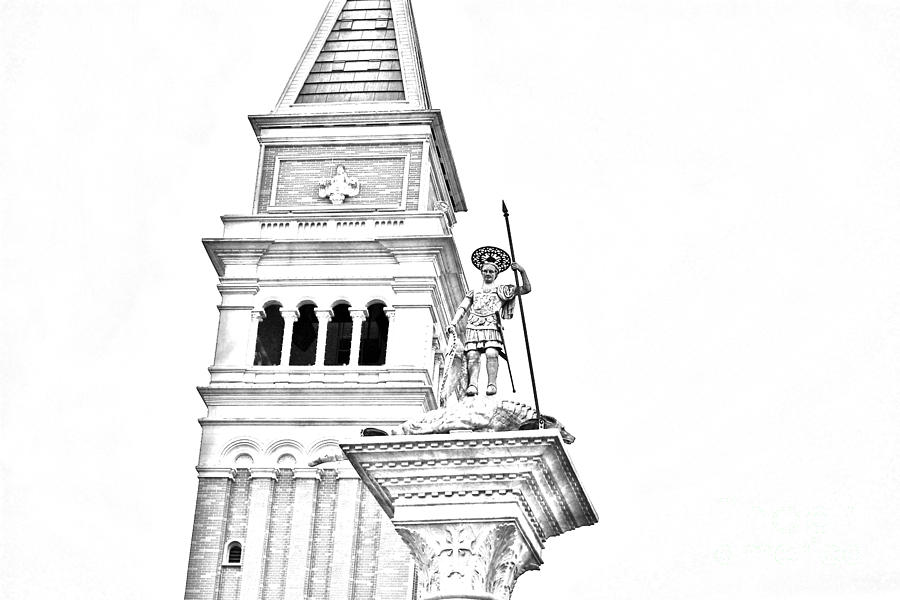 St Marks Bell Tower and Statue Italy Pavilion EPCOT Walt Disney World Print Black and White Line Art Digital Art by Shawn OBrien