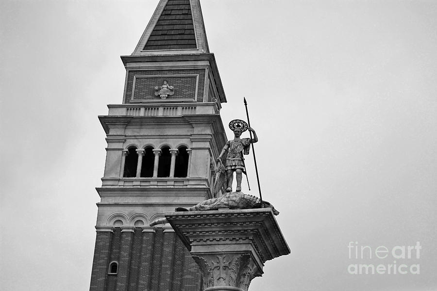 St Marks Bell Tower and Statue Italy Pavilion EPCOT Walt Disney World Prints Black and White Photograph by Shawn OBrien