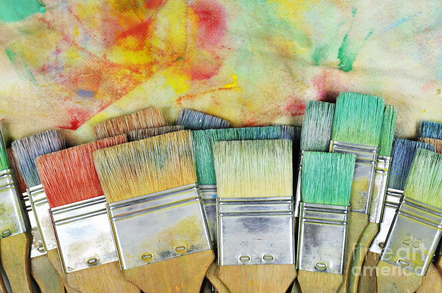 Paintbrush Still Life Photograph - Stack of colorfull paintbrushes on palette by Sami Sarkis