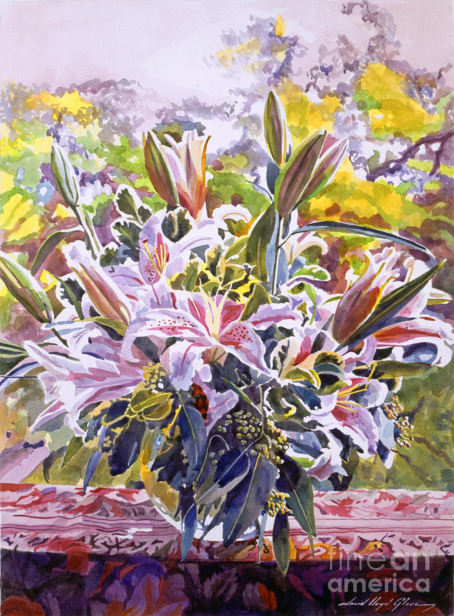 Stargazer Lilies In Glass Bowl Painting by David Lloyd Glover