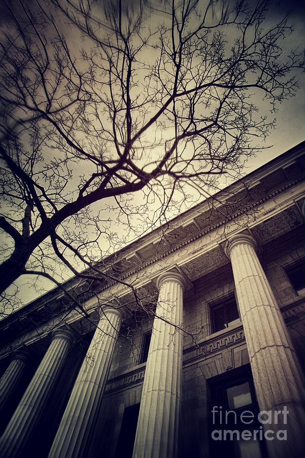 Atmosphere Photograph - Stark facade of justice courthouse from low angel view  by Sandra Cunningham