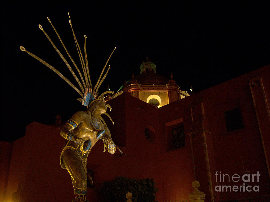 Statue of Aztec Dancer in front of Templo de San Francisco Photograph by Heather Kirk