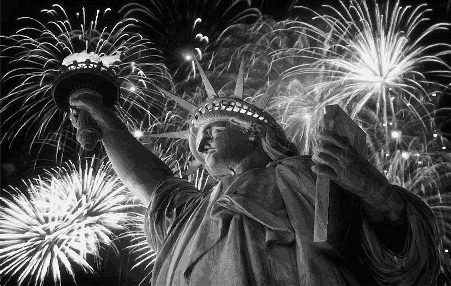 Statue of Liberty Fireworks BW16 Photograph by Scott Kelley