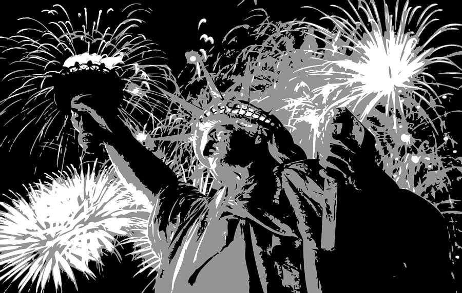 Statue of Liberty Fireworks BW3 Photograph by Scott Kelley