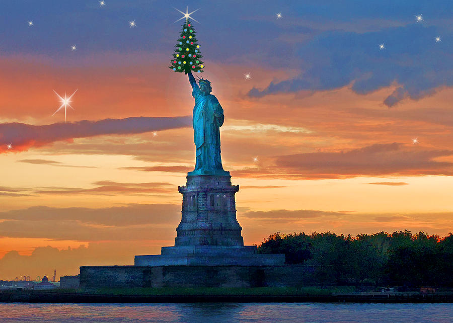 Christmas Painting - Statue of Liberty with Xmas Tree at Dusk by Elaine Plesser