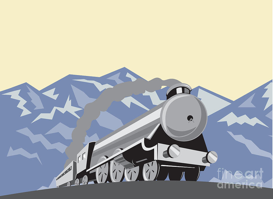 Steam Train Locomotive Mountains Retro Digital Art