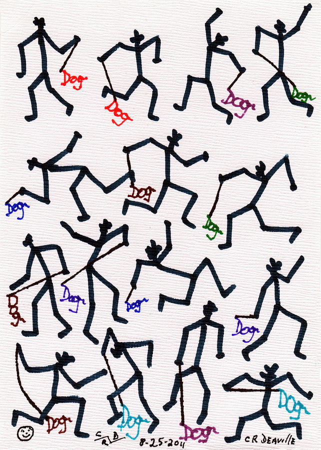 Abstract Drawing - Stickmen Characters With Dogs One by Carl Deaville