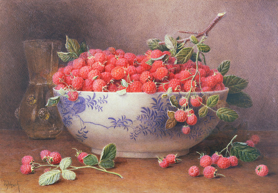 Still Life of Raspberries in a Blue and White Bowl by William B Hough