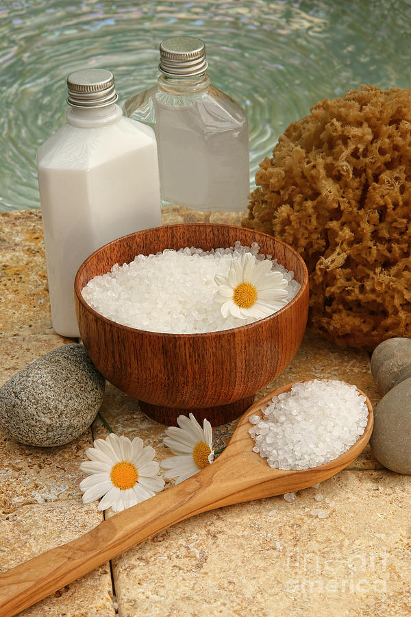 Daisy Photograph - Still life of spa products and bath salts  by Sandra Cunningham