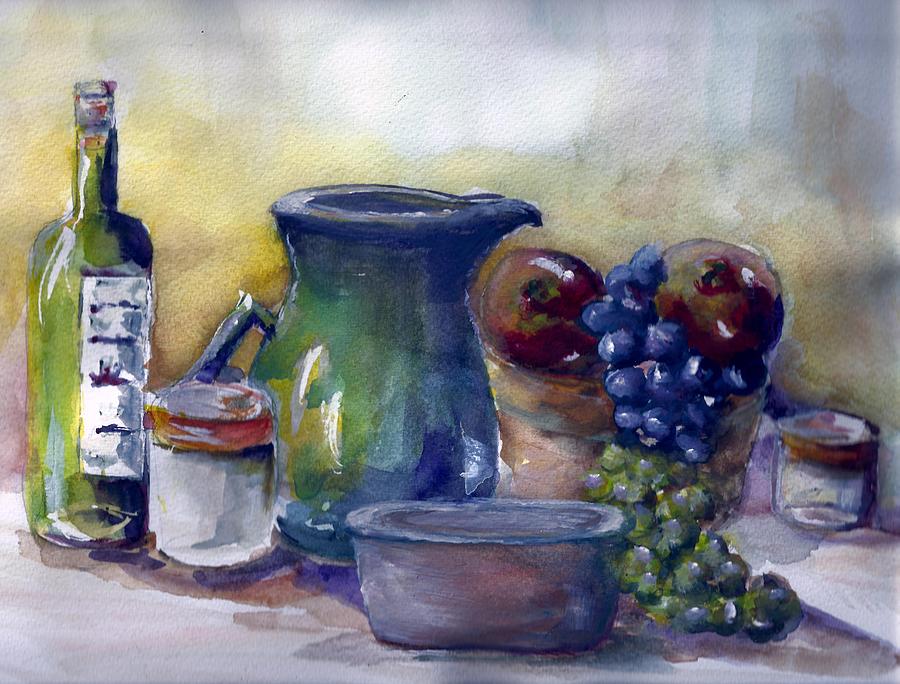 Still Life Wine and Grapes Painting by Bernadette Krupa