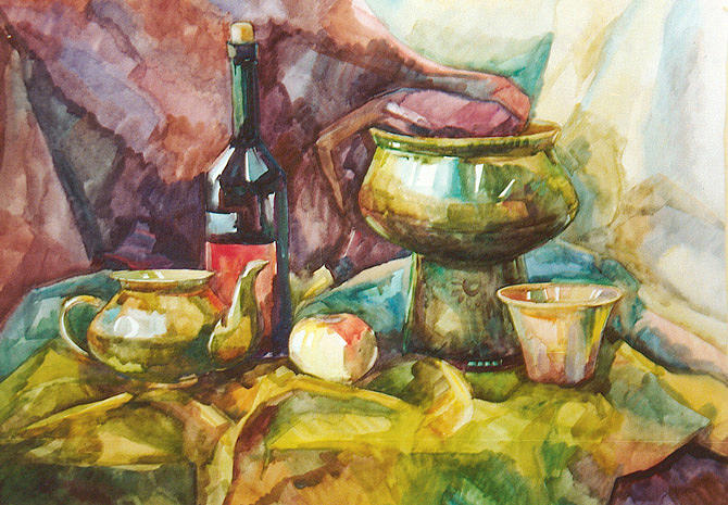 Still life with a red bottle Painting by Juliya Zhukova