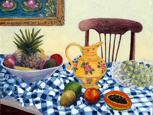 Still Life with Checkered Tablecloth Mixed Media by Banning Lary