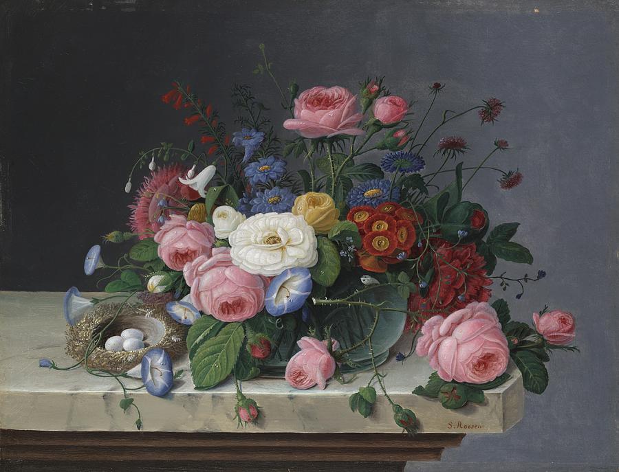 Rose Painting - Still Life With Flowers and Birds Nest by Severin Roesen