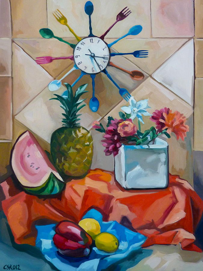 Still Life Painting - Still life with kitchen clock by Carmen Stanescu Kutzelnig
