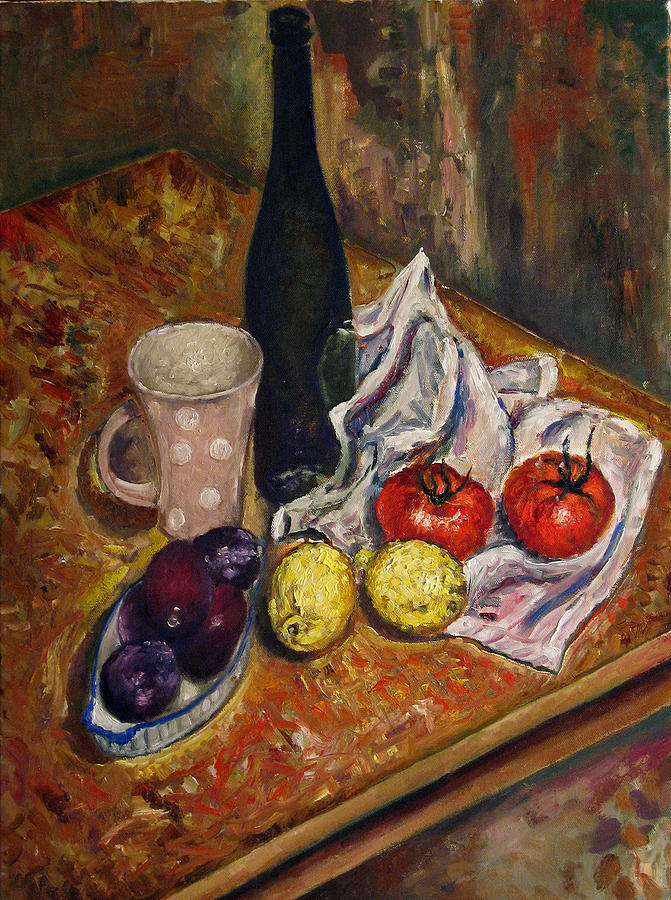 Still Life Painting - Still Life with  lemons and plums by Vladimir Kezerashvili