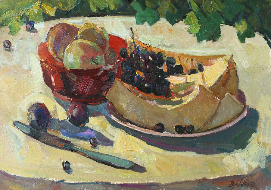 Still life with melon Painting by Juliya Zhukova