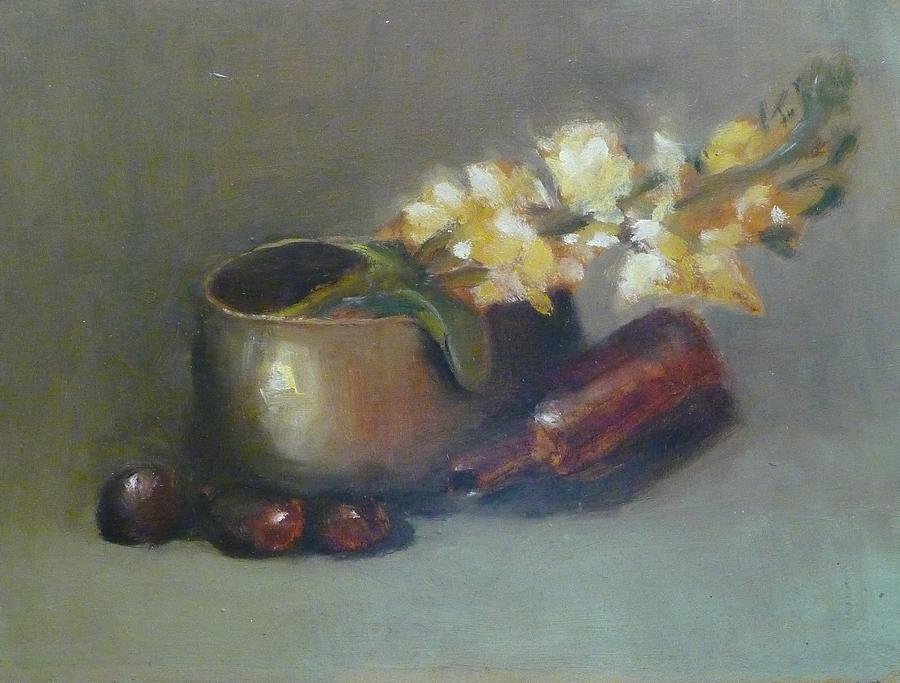Still Life with Om Bowl Grapes and White Flowers Painting by Jessmyne Stephenson