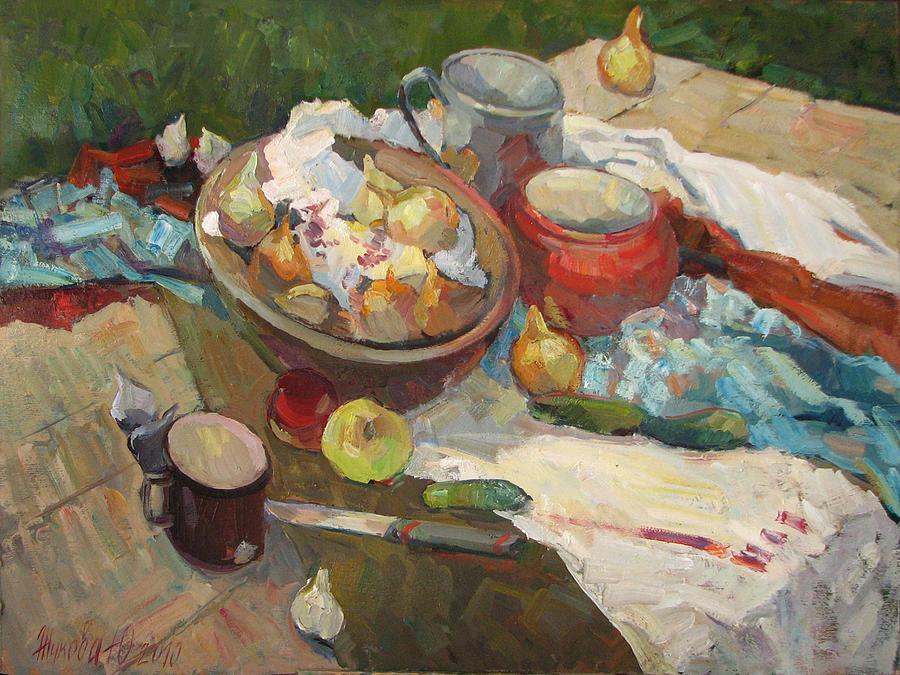 Still life with onions and cucumbers Painting by Juliya Zhukova