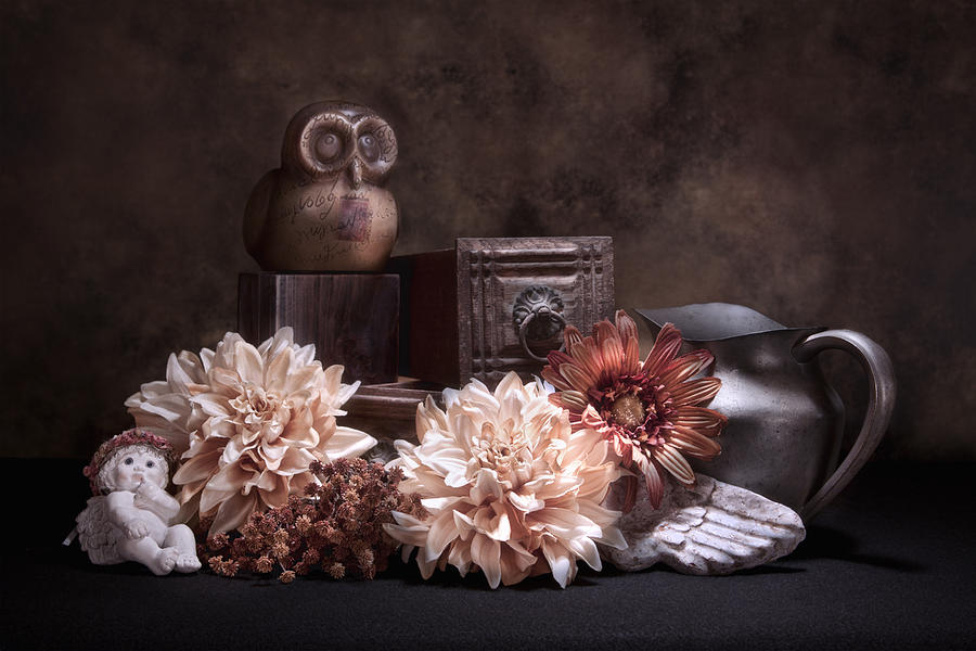 Flower Photograph - Still Life with Owl and Cherub by Tom Mc Nemar