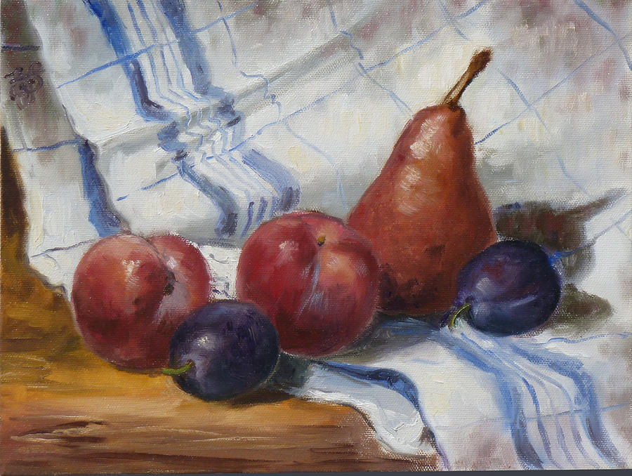 Still life with plums and pear Painting by Irek Szelag
