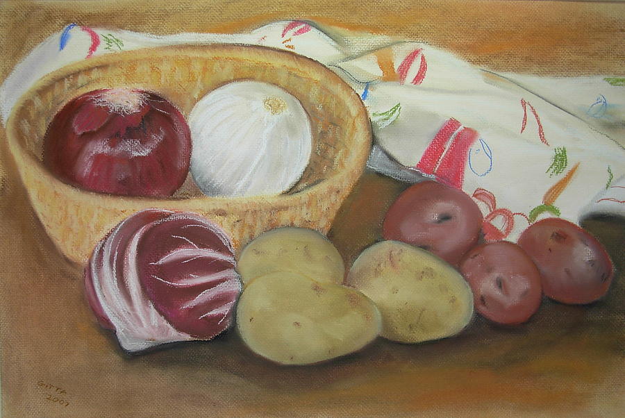 Still Life With Potatoes And Onions Painting by Gitta Brewster