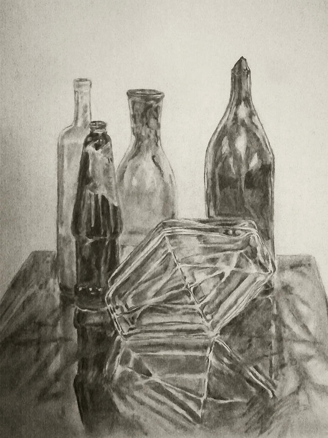 Bottle Drawing - Still Life with Reflections by Nadja Pilitsyna