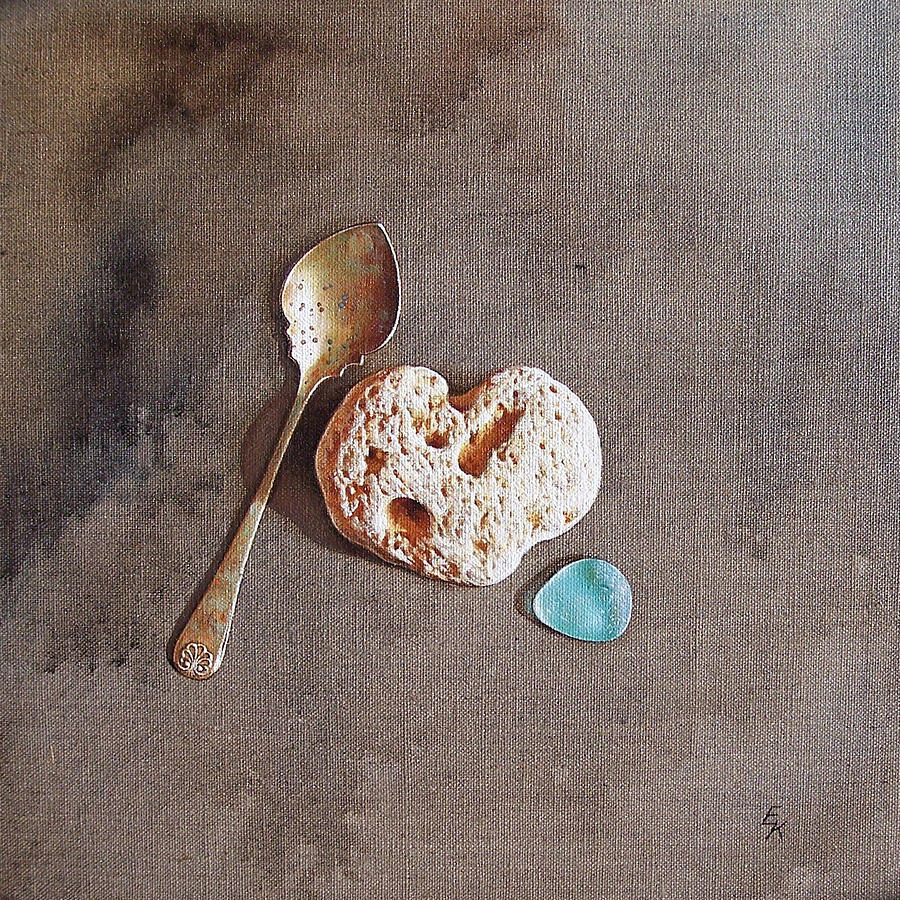 Still life with teaspoon and heart stone Painting by Elena Kolotusha