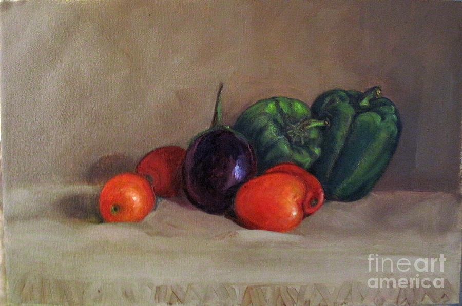 Still life with Tomatoes and capsicums Painting by Asha Sudhaker Shenoy