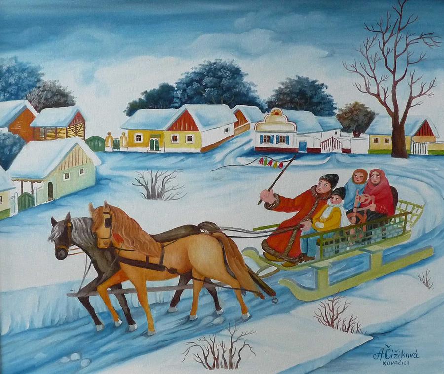 Naive Painting - Street at winter by Alzbeta Cizikova